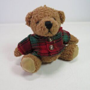 Mini Teddy Bear w Plaid Jacket 6" long JOINTED legs Brown Christmas Colors